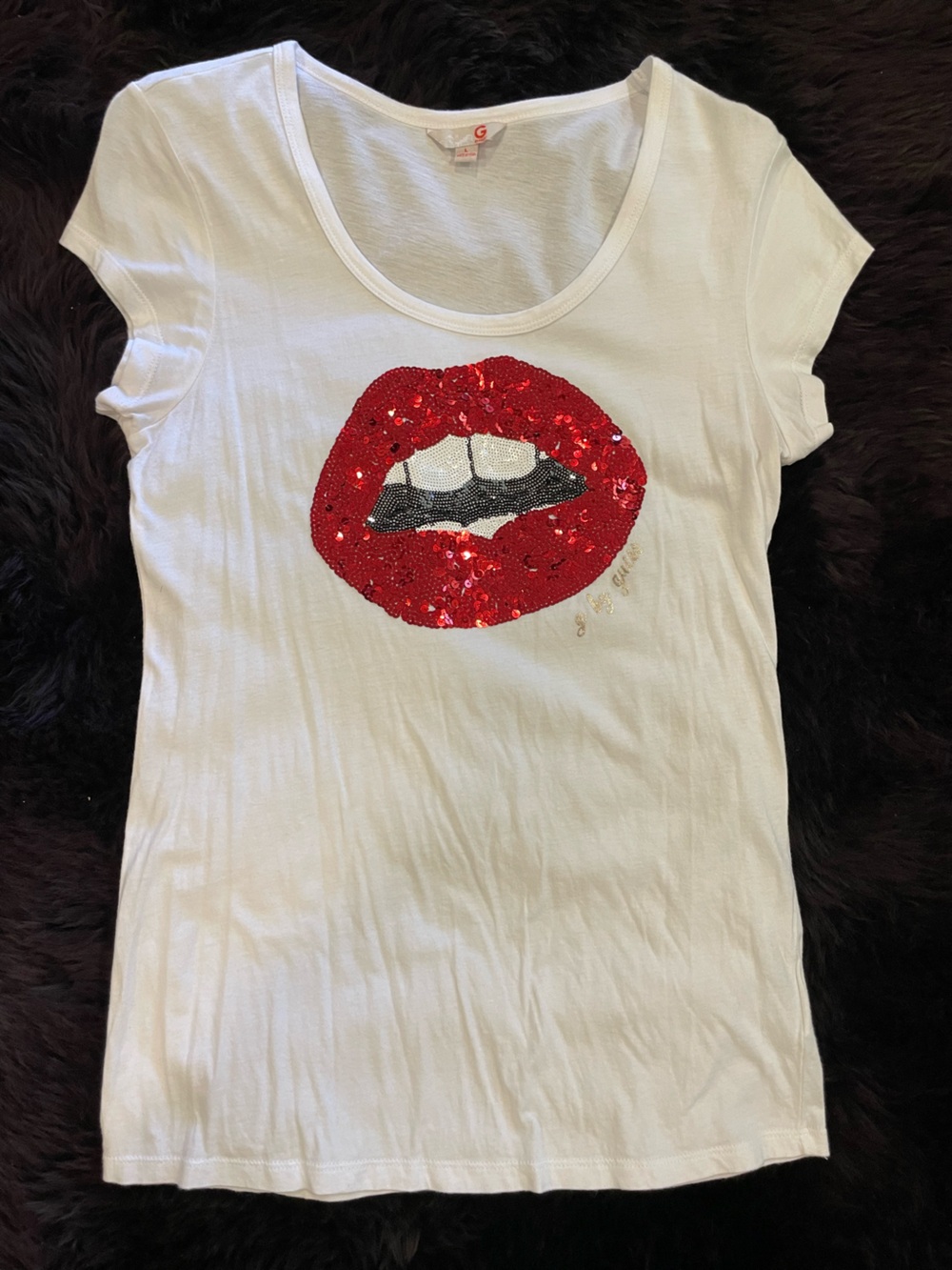 G by Guess White Top with Red Sequin Lip Graphic